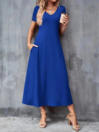 MDB Kadın Kısa Kollu V Yakalı Cepli Viskon Elbise