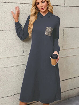 MDB Kadın Uzun Kollu Kapşonlu Cep Detaylı Viskon Iki Iplik Maxi Elbise