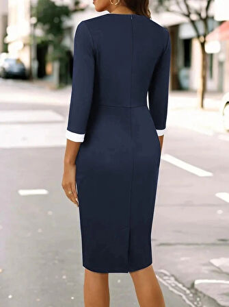 MDB Kadın Truvakar Kol çift Renkli Düğmeli Kısa Ithal Krep Elbise