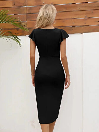 MDB Kadın Kısa Kollu Kalp Yaka Yanlardan Büzgü Detay Midi Janjan Krep Elbise