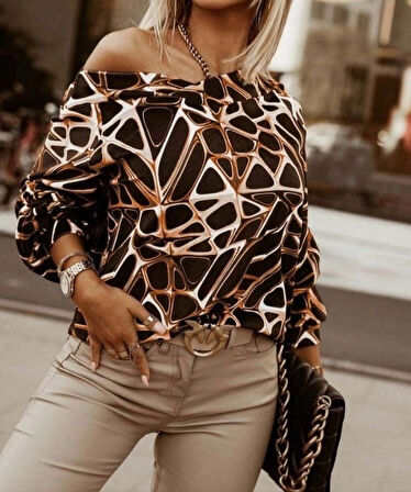 MDB Kadın Uzun Kollu V Yaka Düşük Omuz Geometrik Desen şardonlu Dalgıç Bluz