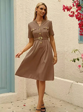 MDB Kadın Kısa Kollu Düğmeli Ve Kemerli Atlas Elbise
