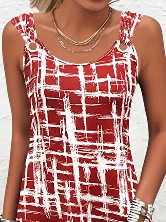 MDB Kadın Askılı Kuş Gözü Detaylı Desenli Süprem Elbise