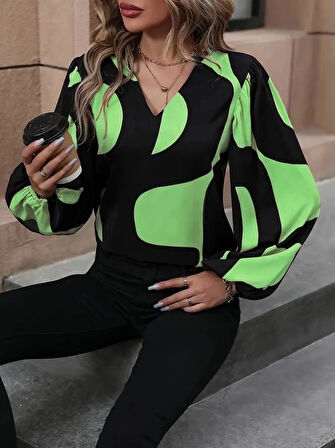 MDB Kadın Uzun Kollu V Yakalı Desenli Modal Bluz