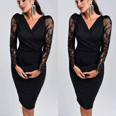 MDB Kadın Uzun Kollu Kruvaze Yaka Kollar Tül Detay Krep Mini Boy Elbise