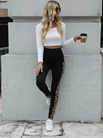 MDB Kadın Yüksek Bel Leopar Desen Ve Cep Detaylı Dalgıç Tayt