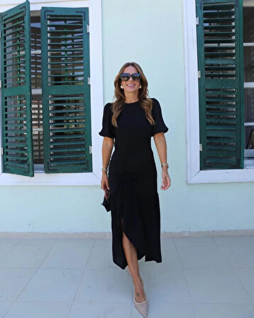 MDB Kadın Kısa Kollu Bisiklet Yakalı Yandan Yırtmaçlı Büzgülü Janjan Krep Elbise