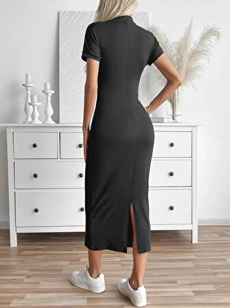 MDB Kadın Yarı Balıkçı Yaka Yırtmaçlı Dalgıç Midi Elbise