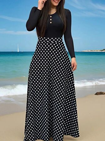 MDB Kadın Uzun Kollu önü Düğmeli Viskon Bluz Eteği örme Maxi Krep Elbise