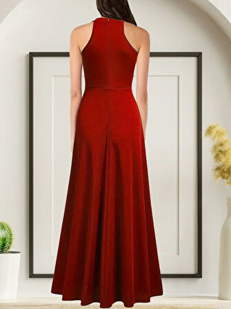 MDB Kadınhalter Yaka Derin Yırtmaç Detaylı Tam Boy Ithal Krep Abiye Elbise