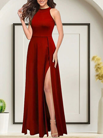 MDB Kadınhalter Yaka Derin Yırtmaç Detaylı Tam Boy Ithal Krep Abiye Elbise