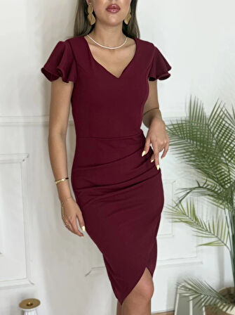 MDB QKadın Kısa Kollu Kalp Yaka Yanlardan Büzgü Detay Midi Janjan Krep Elbise