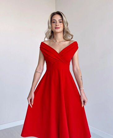 MDB Kadın Kısa Kollu Kruvaze Yaka Eteği Volanlı Krep Elbise