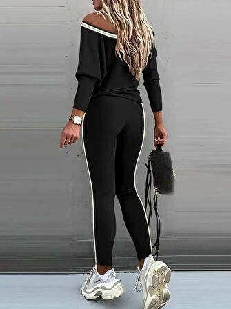 MDB Kadın Uzun Kollu Tek Omuzu Açık Detaylı Viskon Iki Iplik Bluz Ve Pantolon Ikili Takım