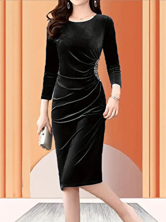 MDB Kadın Uzun Kollu Bot Yaka Yanı Taş Detaylı Midi Kadife Elbise