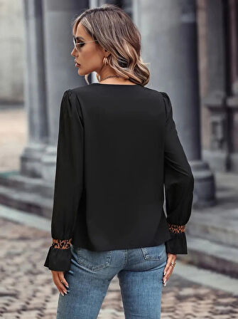 MDB Kadın Uzun Kollu V Yakalı Leopar Detaylı Krep Bluz