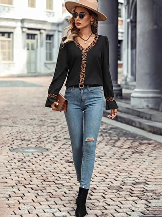 MDB Kadın Uzun Kollu V Yakalı Leopar Detaylı Krep Bluz