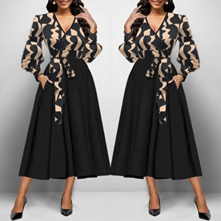 MDB Kadın Uzun Kollu Kruvaze Yaka Dalgıç Krep Midi Boy Elbise