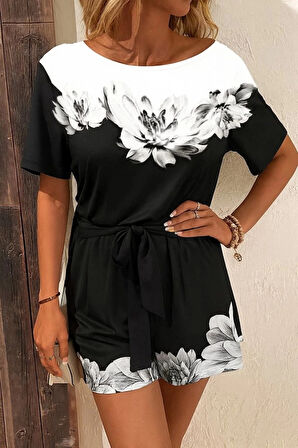 MDB Kadın Tek Omuzu Açık çiçek Desenli Beli Kuşaklı Iki Iplik Mini Short Tulum