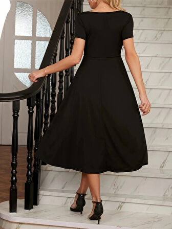 MDB Kadın Kısa Kollu V Yakalı önden Pileli Midi Janjan Krep Elbise