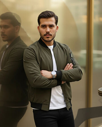 MDB Erkek Içi Astarlı Fermuarlı Bomber ont Ceket  Haki