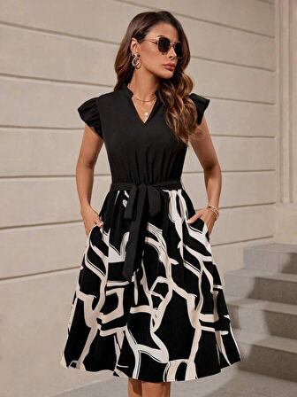 MDB Kadın Kısa Kollu V Yakalı üst Janjan Krep Alt Desenli Süprem Mini Elbise