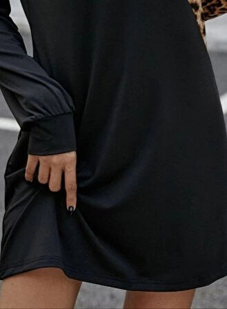 MDB Kadın Uzun Kollu Omuzdan Açık Leopar Desenli Viskon Iki Iplik Mini Elbise