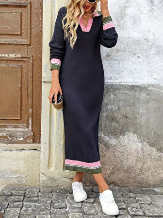 MDB Kadın Uzun Kollu Yakalı çok Renkli Triko Uzun Elbise