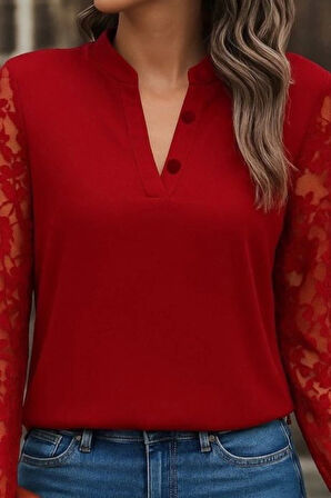 MDB Kadın Uzun Kollu Yaka Düğme Detay Güpürlü Kol Krep Bluz