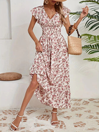 MDB Kadın Kısa Kollu Kruvaze Yaka Beli Lastikli çiçek Desenli Elbise