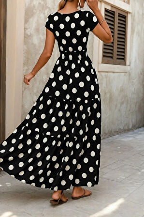 MDB Kadın Kısa Kollu Kruvaze Yaka Beli Lastikli Süprem Maksi Boy Elbise