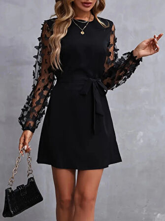 MDB Kadın Uzun Kollu Bisiklet Yaka Kollar Tül Kelebek Detaylı Ithal Krep Elbise