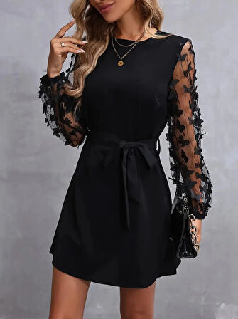 MDB Kadın Uzun Kollu Bisiklet Yaka Kollar Tül Kelebek Detaylı Ithal Krep Elbise