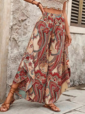 MDB Kadın Yüksek Bel Beli Lastikli Desenli Geniş Paçalı Süprem Pantolon