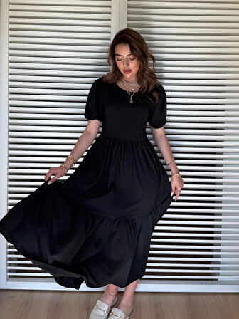 MDB Kadın Kısa Kollu Yakası Açık Katlı Bürümcük Balon Elbise