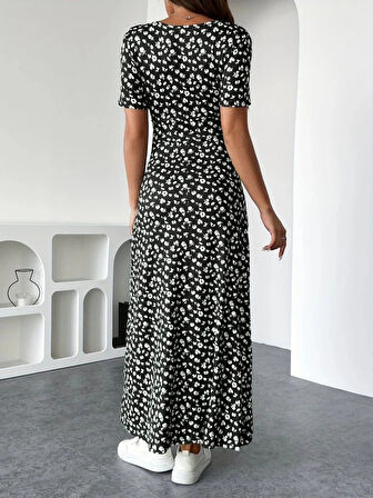 MDB Kadın Kısa Kollu Kruvaze Yakalı çiçek Desenli Süprem Elbise