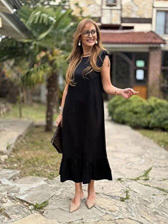 MDB Kadın Omuzlardan Büzgülü Kayık Yaka Fırfırlı Janjan Krep Elbise