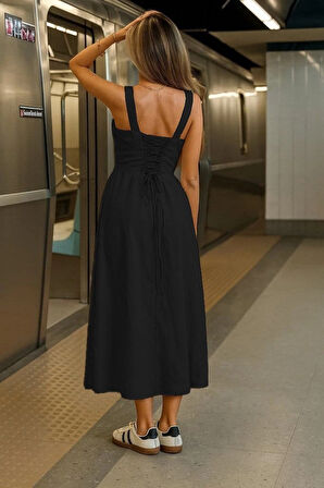 MDB Kadın Askılı Geniş V Yakalı Sırttan Bağlamalı Yırtmaçlı Süprem Elbise