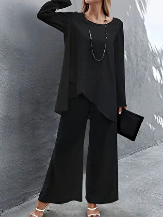 MDB Kadın Uzun Kollu Asimetrik Detaylı Salaş Sandy Bluz Ve Pantolon Ikili Takım