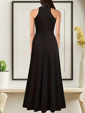 MDB Kadın Halter Yaka Derin Yırtmaç Detaylı Tam Boy Ithal Krep Abiye Elbise