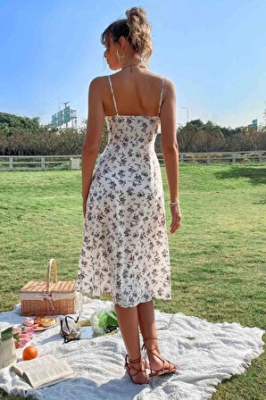 MDB Kadın Ip Askılı Yakadan Bağcıklı Desenli Süprem Elbise