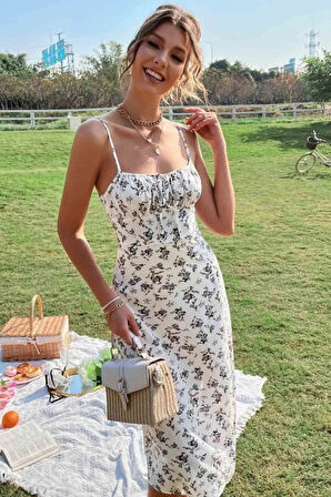 MDB Kadın Ip Askılı Yakadan Bağcıklı Desenli Süprem Elbise