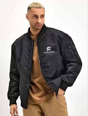 MDB Unisex Uzun Kol Baskılı Bomber Ceket  iyah