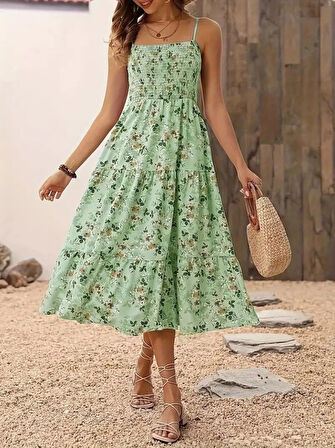 MDB Kadın Ip Askılı Geniş V Yakalı Desenli Uzun Süprem Elbise