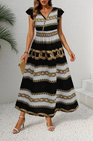 MDB Kadın Kısa Kollu Kruvaze Yakalı Beli Lastikli Desenli Maksi Boy örme Krep Elbise