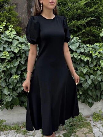 MDB Kadın Kısa Balon Kollu Bisiklet Yaka Geniş Kesim Janjan Krep Elbise