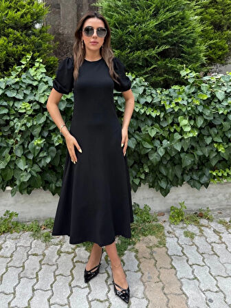 MDB Kadın Kısa Balon Kollu Bisiklet Yaka Geniş Kesim Janjan Krep Elbise