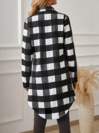 MDB Kadın Uzun Kollu Ekoseli önden Düğmeli Dokuma Uzun Gömlek