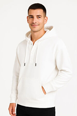 MDB Erkek Ovarsize Kapüşonlu wetshirt Kanguru Çepli Cıtcıtlı 3 Iplik Şardonlu Hoodie  Beyaz