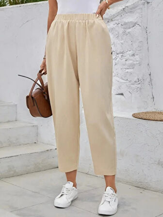 MDB Kadın Yüksek Bel Yandan Cepli Düğme Detaylı Geniş Kesim Ithal Krep Pantolon